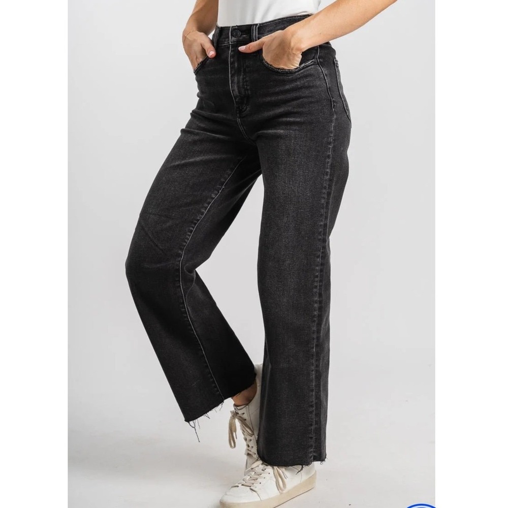 Daze Denim Womens High‎ Rise Wide Leg Raw Hem Jeans Faded Black Size 32